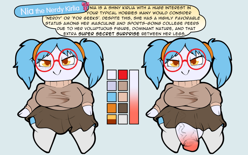 1futa absurd_res balls blue_hair bottomless bottomwear breasts chibi clothed clothing english_text eyewear fan_character full_body futa_only futanari generation_3_pokemon genitals glasses herm hi_res huge_cock humanoid humanoid_penis intersex kirlia model_sheet mostly_clothed nerd nia_(character) nia_(softestpuffss) nintendo penis pokémon_(species) pokemon pokemon_(species) reference_image round_glasses skirt softestpuffss solo standing sweater text turtleneck