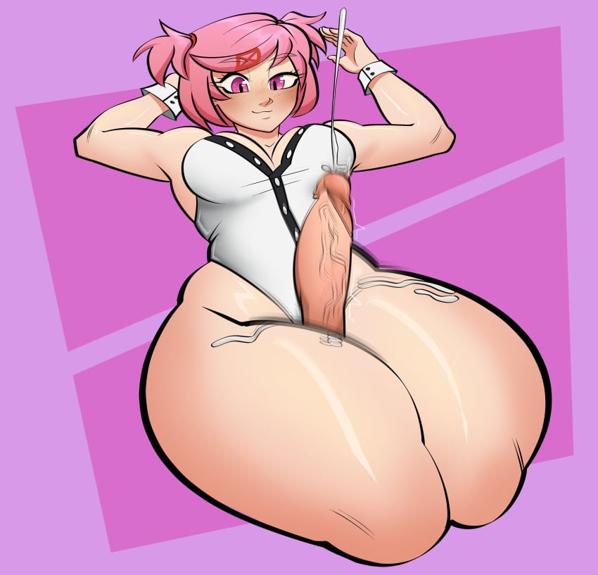 1boy 1girls 5_fingers breasts cock commission cum_on_body cum_on_thighs cumshot doki_doki_literature_club drclump motion_blur motion_lines natsuki_(doki_doki_literature_club) penis pink_eyes pink_hair thick_thighs thigh_sex veiny veiny_penis