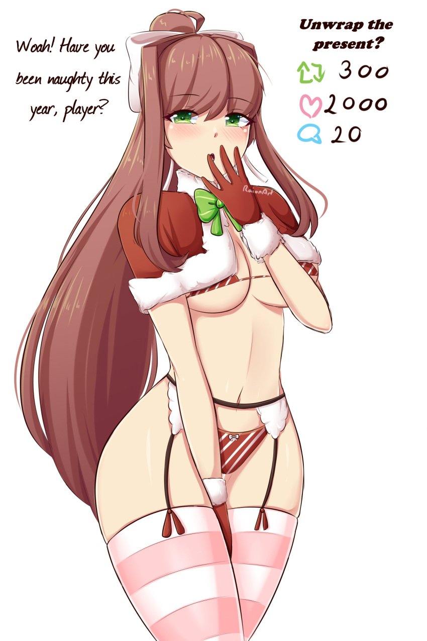 1girls artist_name bikini blush bow brown_hair christmas cleavage dialogue doki_doki_literature_club female female_only gasp gloves green_eyes hair_ornament hair_ribbon holidays light_brown_hair long_hair looking_at_viewer monika_(doki_doki_literature_club) open_mouth plain_background raionart santa_costume solo stockings strip_game striped_bikini striped_legwear striped_panties thick_thighs thighhighs thong underboob watermark