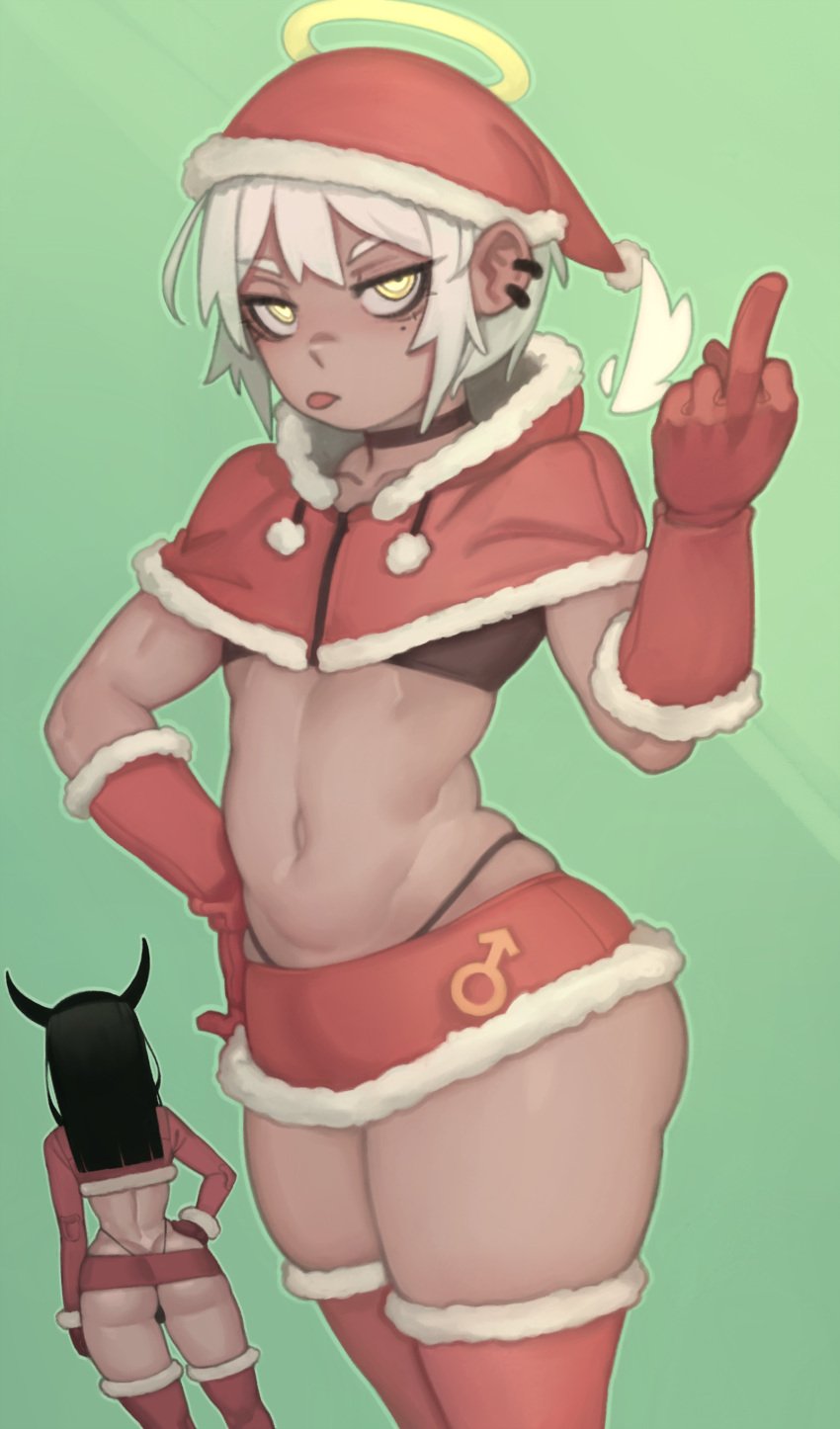 1boy 1girls angel ass beel_(kelvin_hiu) butt christmas christmas_outfit dark-skinned_femboy dark_skin demon female femboy gabi_(kelvin_hiu) gloves horns kelvin_hiu male middle_finger miniskirt original original_character piercing santa_hat short_hair skirt solo standing sticking_out_tongue thick_thighs thong yellow_eyes