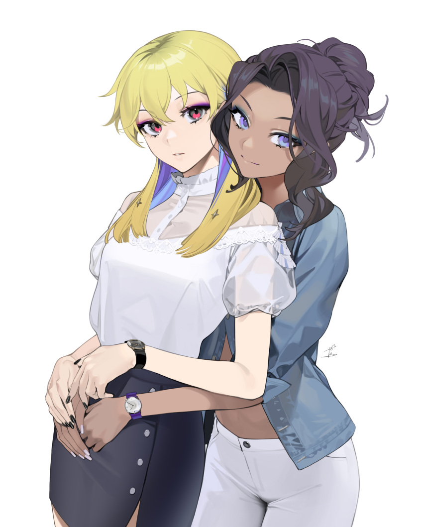 2girls black_nail_polish blonde_hair blue_eyes blue_hair breasts dark-skinned_female dark_hair duo embracing eyeliner eyeshadow female female_only fully_clothed hair_between_eyes hair_ornament highres hug layla_(ohisashiburi) light-skinned_female long_hair looking_at_viewer makeup multicolored_hair nail_polish ohisashiburi original original_character original_characters pink_eyes simple_background skirt small_breasts smile star_hair_ornament tied_hair two_tone_hair white_background white_nails white_pants wristwatch yellow_hair yuri yuson_(ohisashiburi)