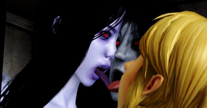 1boy 2girls 3d 3d_(artwork) 3dhentaihero crossover ghost ghost_girl group_kiss group_kissing hyrule_warriors ju-on kissing link link_(hyrule_warriors) saeki_kayako the_grudge the_legend_of_zelda the_ring triple_kiss yamamura_sadako