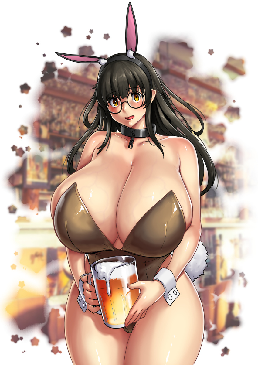 1futa absurdres alcohol animal_ears bakunyuu bar_(place) bare_shoulders beer beer_mug big_breasts black_hair blush borrowed_character breasts breasts_bigger_than_torso broken broken_chain brown_leotard bunny_ears bunny_suit bunny_tail bunnysuit chain chinese_zodiac clavicle cleavage clothed clothing collar collarbone cotton_tail counter cuffs cup curvy dark_hair enormous_breasts erkaz erkaz_(artist) erkazooya errorkazoo fake_animal_ears female female_focus full_cleavage gigantic_breasts glass glass_cup glasses highres huge_breasts leotard long_hair looking_at_viewer massive_breasts mature_female metal_collar mistimagi_(character) mug open_mouth original overflowing_breasts playboy_bunny playboy_bunny_leotard rabbit_ears sideboob skimpy_clothes solo solo_female standing startled thick_thighs thighs top_heavy_breasts veins veiny veiny_breasts voluptuous voluptuous_female waitress wide_hips work_uniform wrist_cuffs year_of_the_rabbit yellow_eyes yellow_eyes_female