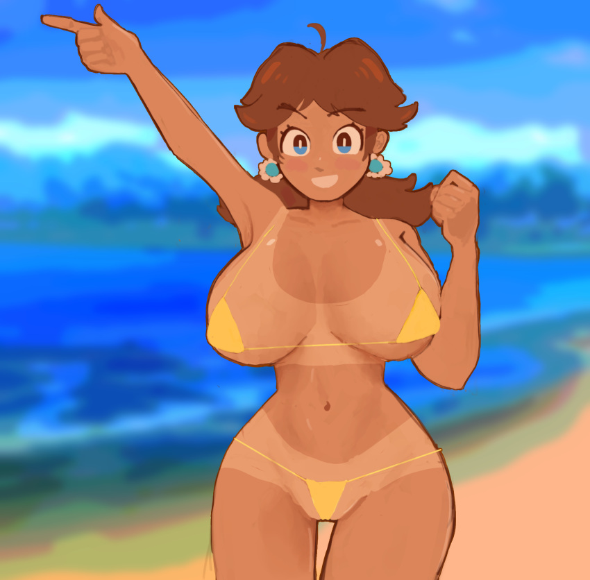 beach bikini brown_hair dark-skinned_female earrings guyeatingfruit mario_(series) nintendo princess_daisy tanline thigh_gap