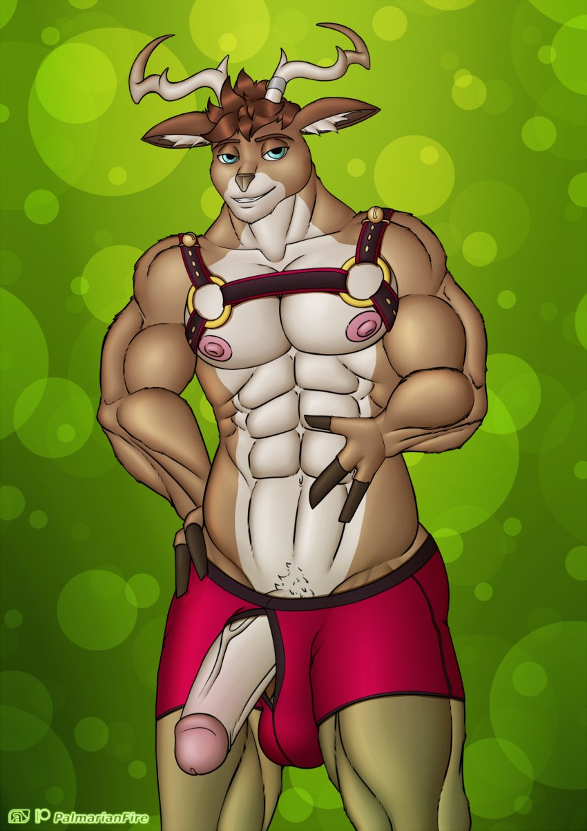 1boy anthro antlers associated_student_bodies balls belt bulge christmas clothing dolph_(fortnite) epic_games fortnite genitals hi_res holidays horn male male_only muscular palmarianfire pecs penis solo sweater topwear underwear