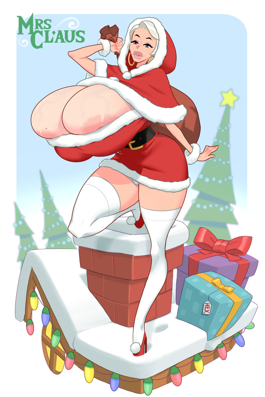 1girls big_breasts bimbo breasts chimney christmas female female_only freckles gigantic_breasts gilf hexamous high_heels huge_breasts long_legs mrs._claus solo stockings thick_thighs wide_hips