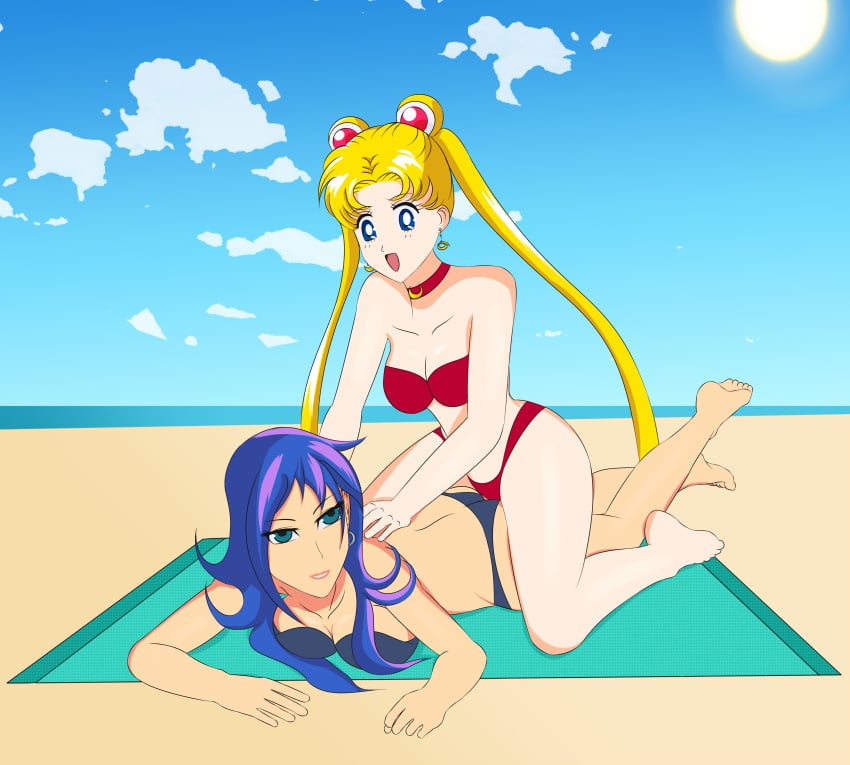 2girls anoneysnufftan applying_sunscreen beach bikini bishoujo_senshi_sailor_moon blonde_hair blue_eyes blue_hair choker crossover defeated defeated_villainess earrings edasbild embarrassed female female_only friendship_is_magic hair_ornament humiliation imminent_death killer_lotion long_hair massage murder my_little_pony ocean on_stomach outdoors outside peril princess_luna_(mlp) punishment rubbing sailor_moon sand seaside sitting_on_person sky small_breasts snuff straight_hair summer sunbathing swimsuit towel twintails usagi_tsukino yuri