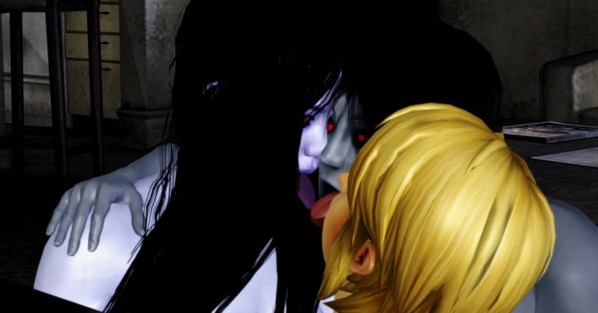 1boy 2girls 3d 3d_(artwork) 3dhentaihero crossover ghost ghost_girl group_kiss group_kissing hyrule_warriors ju-on kissing link link_(hyrule_warriors) saeki_kayako the_grudge the_legend_of_zelda the_ring triple_kiss yamamura_sadako