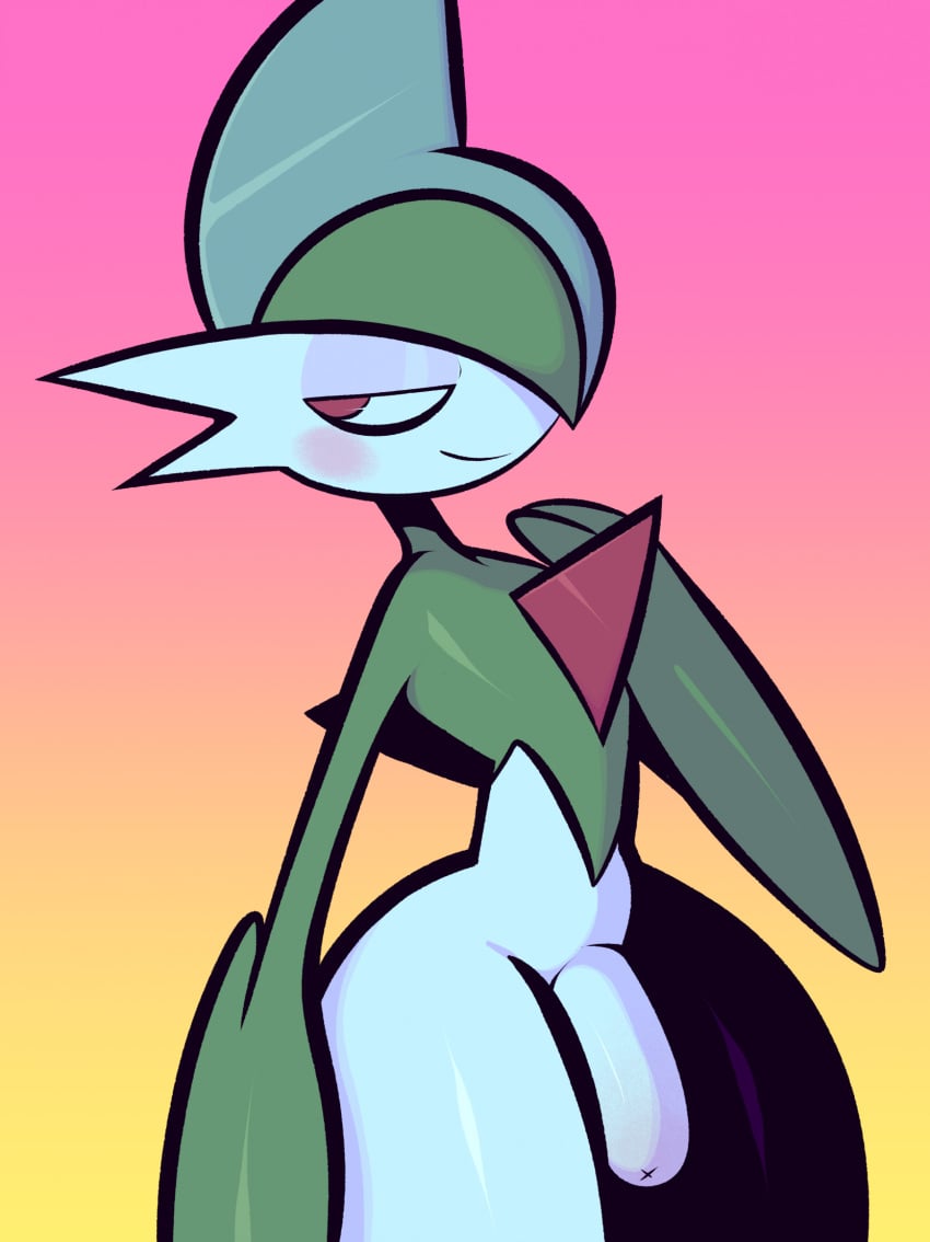 2023 2_fingers blush bottom_heavy chest_spike femboy fingers foreskin gallade generation_4_pokemon genitals gradient_background green_body green_hair green_skin grin hair half-closed_eyes hi_res huge_hips humanoid humanoid_genitalia humanoid_penis male narrowed_eyes nintendo one_eye_obstructed orange_background penis pink_background pokemon pokemon_(species) portrait pseudo_hair red_eyes simple_background smile solo spikes spikes_(anatomy) thick_thighs three-quarter_portrait tooni-pi unretracted_foreskin white_body white_skin wide_hips