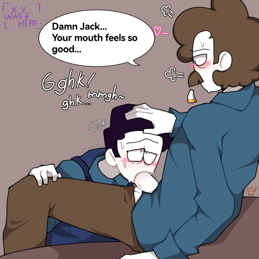 2boys black_hair blowjob blush cigarette curly_hair gagging gay gay_blowjob gay_sex jack_(spookymonth) john_(spooky_month) looking_at_partner male_only males_only mustache speech_bubble spooky_month yaoi