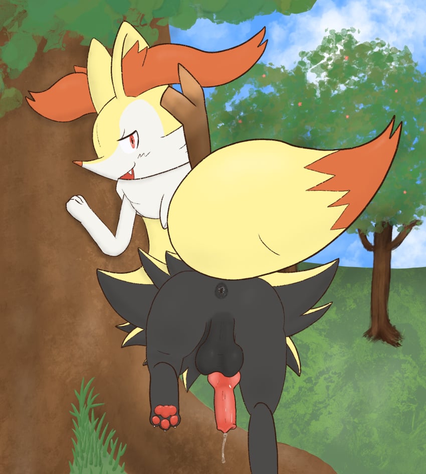 anus ass balls black_anus black_balls bodily_fluids braixen canid canine dripping femboy flirtation flirtatious flirting_look fox fox_tail generation_6_pokemon genital_fluids genitals grass hi_res knot lidded_eyes looking_at_viewer looking_back male male_only mammal nature nintendo outside pawpads paws penis pink_pawpads plant pokémon_(species) pokemon pokemon_(species) pokemon_humanoid precum precum_drip presenting presenting_balls presenting_hindquarters presenting_penis raised_leg raised_tail tree