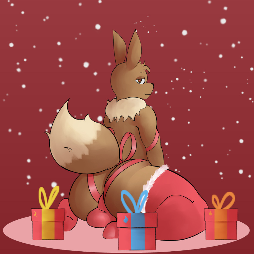 absurd_res anthro ass balls bedroom_eyes big_butt bulge christmas christmas_clothing christmas_stocking clothing eevee evolutionary_stone femboy generation_1_pokemon genitals gift gift_box gift_wrapped hi_res holidays i_will_dance_only_if_the_beat_is_funky legwear looking_at_viewer looking_back male narrowed_eyes neck_tuft nintendo pokémon_(species) pokemon pokemon_(species) ribbons seductive simple_background sitting solo teapot_(body_type) thigh_highs tuft