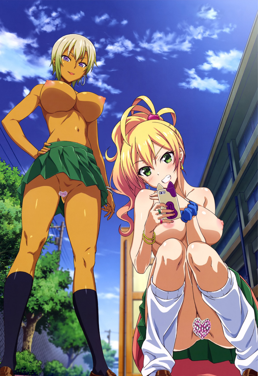 2girls areolae big_breasts black_socks blonde_hair blonde_hair_female blue_sky bracelet breasts brown_loafers buildings busty censored_pussy deviantart earrings edit female female_focus female_only fence going_commando green_eyes green_eyes_female gyaru hajimete_no_gal hourglass_figure knee_socks kneehighs kneesocks large_breasts loafers long_hair looking_at_viewer looking_down looking_down_at_viewer loose_socks miniskirt multiple_girls navel nipples no_bra no_panties novelty_censor nude_filter official_art phone ponytail public_topless purple_eyes purple_eyes_female pussy ranko_honjou ring school_uniform schoolgirl short_hair short_hair_female skirt sky socks squatting standing tan topless trees upskirt white_socks wide_hips yame_yukana