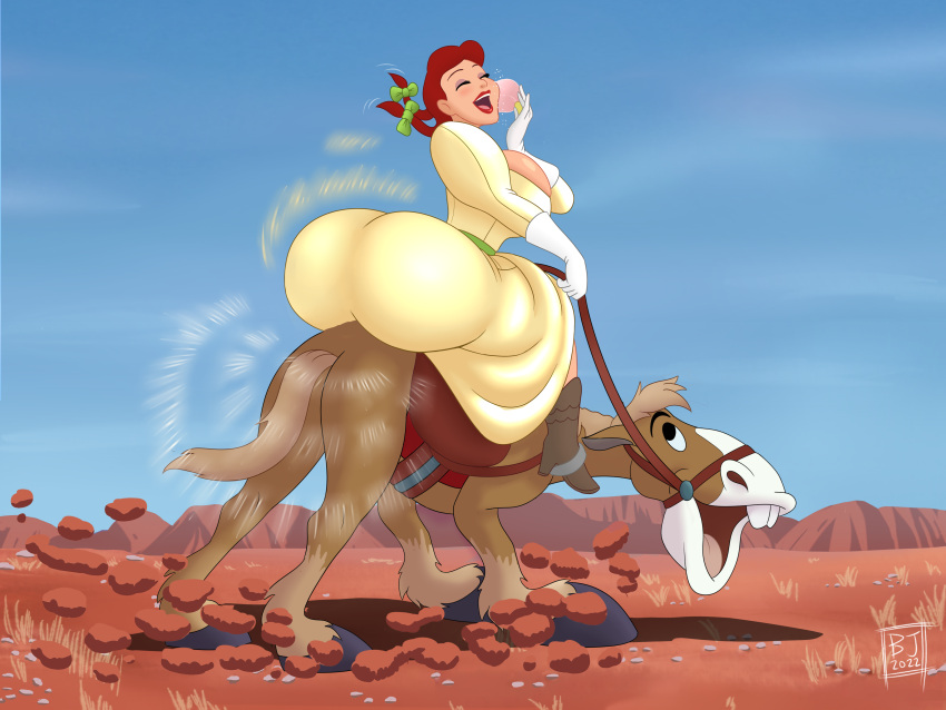 1girls ass ass_in_dress big_breasts big_butt bootijuse boots breasts brown_hair closed_eyes disney dress eyeshadow fat_ass female gloves horse huge_ass huge_breasts huge_butt lips lipstick makeup melody_time motion_lines saddle sideboob slue-foot_sue thick_ass thick_thighs twintails