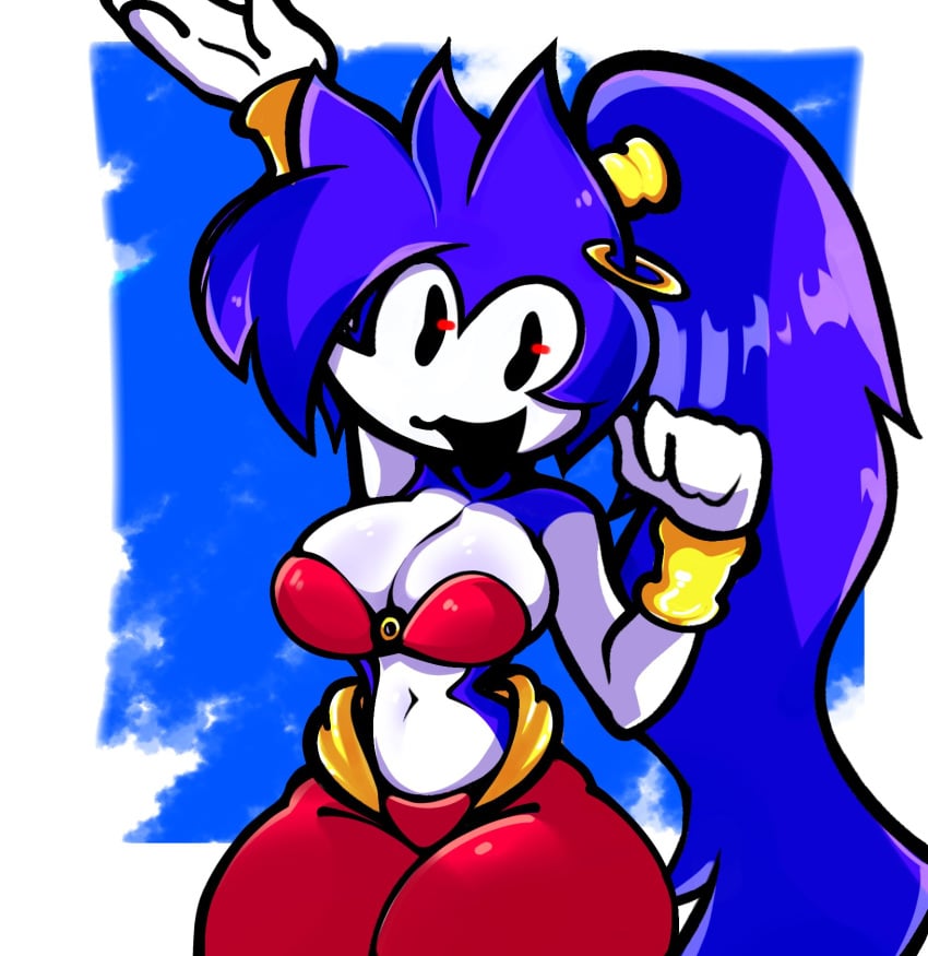 belly_dancer breasts earrings looking_at_viewer marblemaple5 needlemouse_(character) needlemouse_(series) ponytail purple_hair sarah_henderson_(needlemouse) shantae_(cosplay) shantae_needlemouse