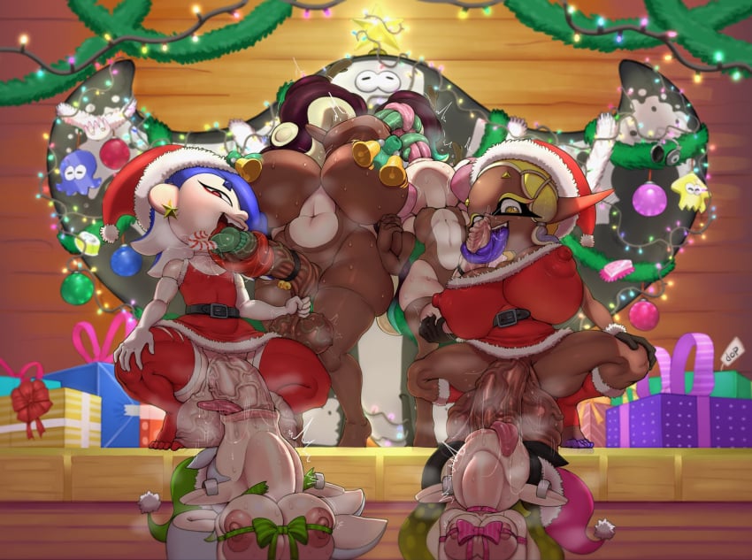 2girls 4futas :>= back_arching_orgasm balls balls_on_head big_balls big_breasts big_man_(splatoon) big_penis blowjob bottomless breasts callie_(splatoon) christmas christmas_outfit dark-skinned_futanari dark_skin deepthroat dop doplino extreme_french_kiss faceless faceless_character faceless_female faceless_futanari fellatio french_kiss frye_(splatoon) futadom futanari hand_holding huge_breasts humanoid light-skinned_female light-skinned_futanari light_skin long_tongue marie_(splatoon) marina_(splatoon) nintendo nipple_bulge now_or_never_seven octoling oral pearl_(splatoon) penis pleasure_face pointy_ears santa_hat shiver_(splatoon) shortstack splatoon splatoon_2 splatoon_3 squid_sisters sword_swallowing_position tentacle_hair testicles thick_thighs throat_bulge throat_swabbing tongue_kiss tongue_out_blowjob tongue_wrap tonguejob veiny_penis wide_hips