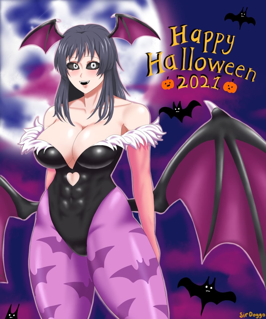 abs alternate_costume alternate_version_available big_breasts black_sclera cleavage clothing cosplay dark_hair darkstalkers demon_girl demon_wings elbow_gloves fangs female female_only fur_trim halloween halloween_costume highleg_leotard hime_cut kengan_(series) kengan_ashura kure_karla large_breasts leotard long_hair looking_at_viewer morrigan_aensland_(cosplay) off_shoulder pantyhose purple_legwear sirdoggo smile solo succubus thick_thighs tights toned toned_female white_eyes wide_hips wings