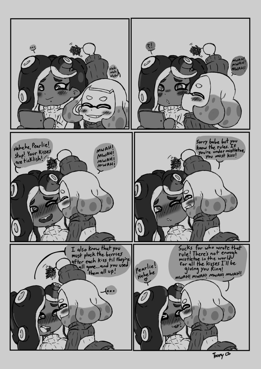 2girls black_and_white breasts christmas clothed clothing comic dark-skinned_female dark_skin dialogue duo english_text female female_only fully_clothed humanoid kissing lewdtoonyguy light-skinned_female light_skin marina_(splatoon) mistletoe monochrome pale-skinned_female pearl_(splatoon) self_upload splatoon splatoon_(series) splatoon_2 sweater text wholesome yuri