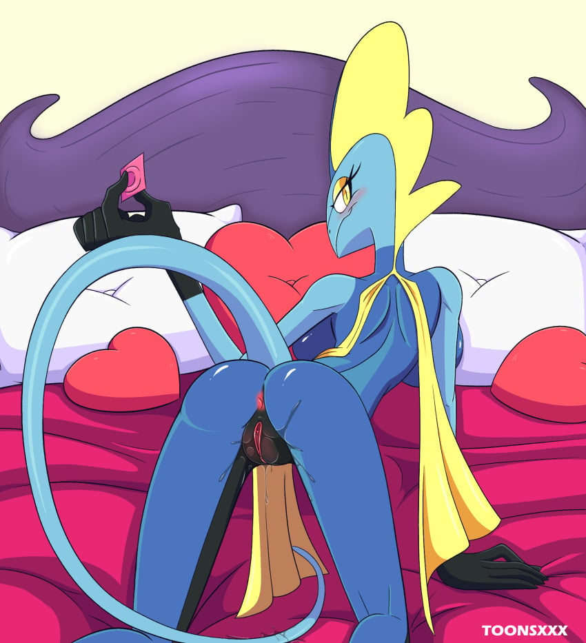 anthro anus artist_name ass backboob bed big_breasts blush butt_focus clitoris condom game_freak heart_pillow inteleon looking_back_at_viewer lying_on_bed lying_on_stomach nintendo pillow pinup pokemon pokemon_(species) scalie self_upload toonsxxx yellow_eyes