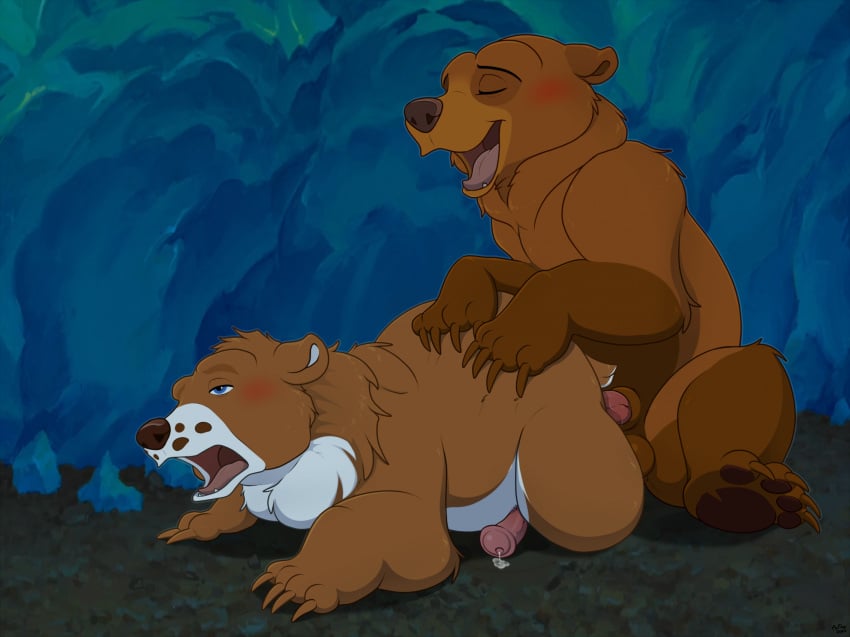 anthro bear blush bodily_fluids brother_bear brown_bear brown_body brown_fur closed_eyes disney dripping duo erection feet feral feral_on_feral feral_penetrated feral_penetrating feral_penetrating_feral fur genital_fluids genitals grizzly_bear hi_res kenai_(brother_bear) looking_pleasured male male/male male_penetrated male_penetrating male_penetrating_male mammal mcfan mishka_(fishymishy) open_mouth pawpads penetration penis precum precum_drip sex ursine