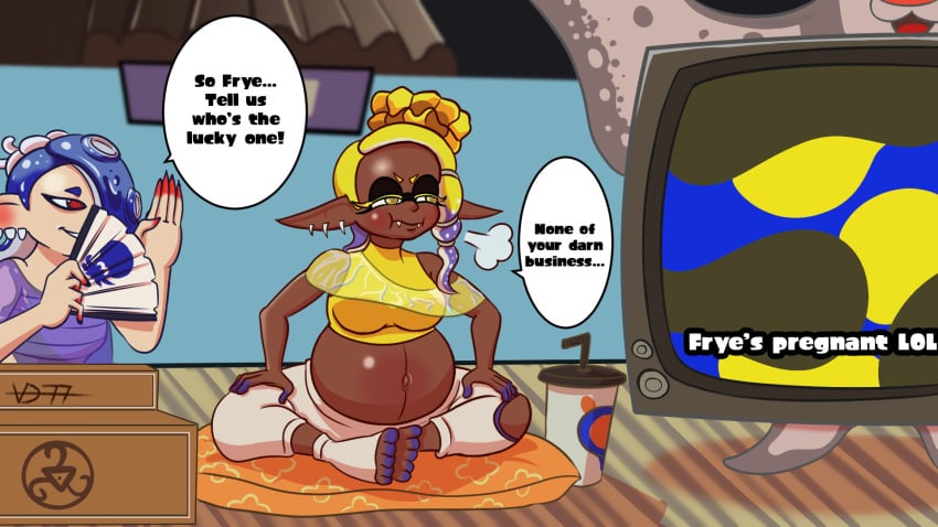 2girls belly big_belly big_man_(splatoon) blonde_hair blue_hair breasts dark-skinned_female deep_cut_(splatoon) frye_(splatoon) inkling octoling pregnant pregnant_female shiver_(splatoon) speech_bubble splatoon stomach tentacle_hair tummy voredude77