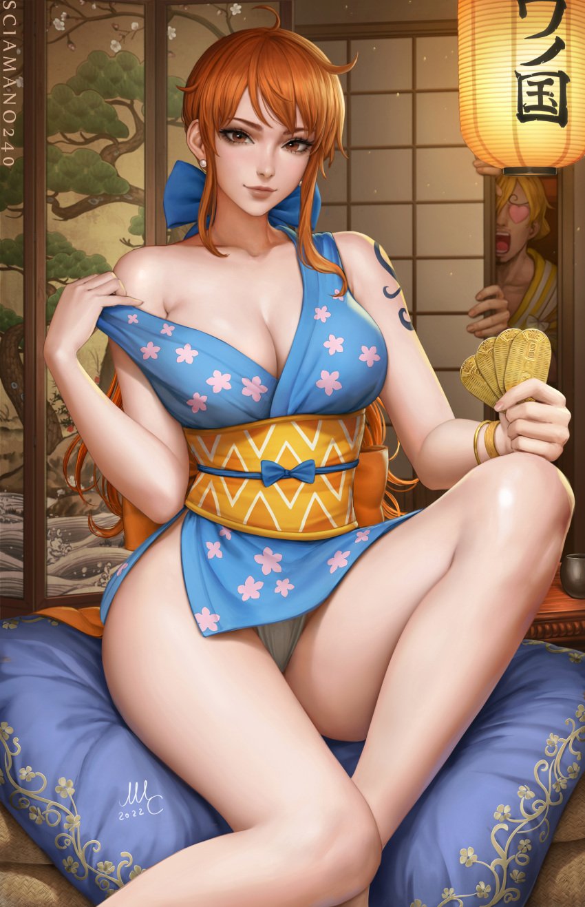 1boy 1girls 2020s 2022 alternate_version_available arm_up artist_name artist_signature ass bare_legs big_ass big_breasts big_butt blue_kimono blue_ribbon breasts brown_eyes busty cleavage clothed clothed_female clothing female hartman_hips heart_eyes hi_res high_resolution highres kimono large_ass large_breasts large_butt long_hair looking_at_viewer male mirco_cabbia nami nami_(one_piece) one_piece open_door orange_eyes orange_hair orange_ribbon panties panty_shot pantyshot_(sitting) patreon patreon_reward peeping peeping_tom pinup post-timeskip red_hair revealing_clothes ribbon sciamano240 short_kimono shoulder_tattoo sitting sitting_on_pillow smile smiling smiling_at_viewer smirk smirking smirking_at_viewer straight_hair taking_clothes_off tattoo thick thick_thighs thighs tied_hair very_long_hair vinsmoke_sanji wano_country wide_hips