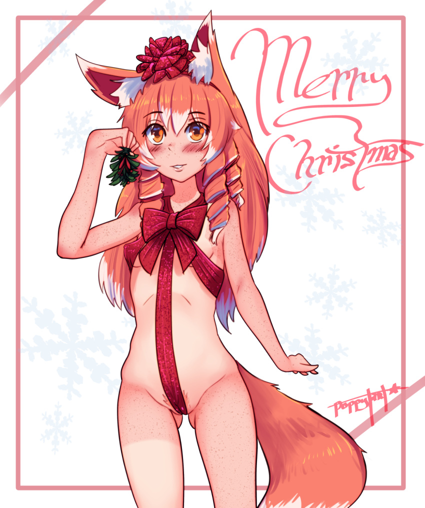 brown_eyes card christmas christmas_outfit drill_hair female female_pubic_hair fox_ears fox_girl fox_tail freckles long_hair nipples_visible_through_clothing original original_character perky_breasts poppytart pubic_hair pubic_hair_peek red_hair ribbon ribbon_in_hair ribboned_body small_breasts smile solo tanline tira_(poppytart)