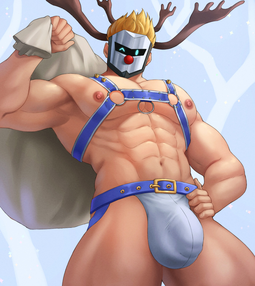 bara blonde_hair blue_eyes christmas_clothing indie_virtual_youtuber jockstrap muscular rekkinj silvyspark simple_background tagme virtual_youtuber