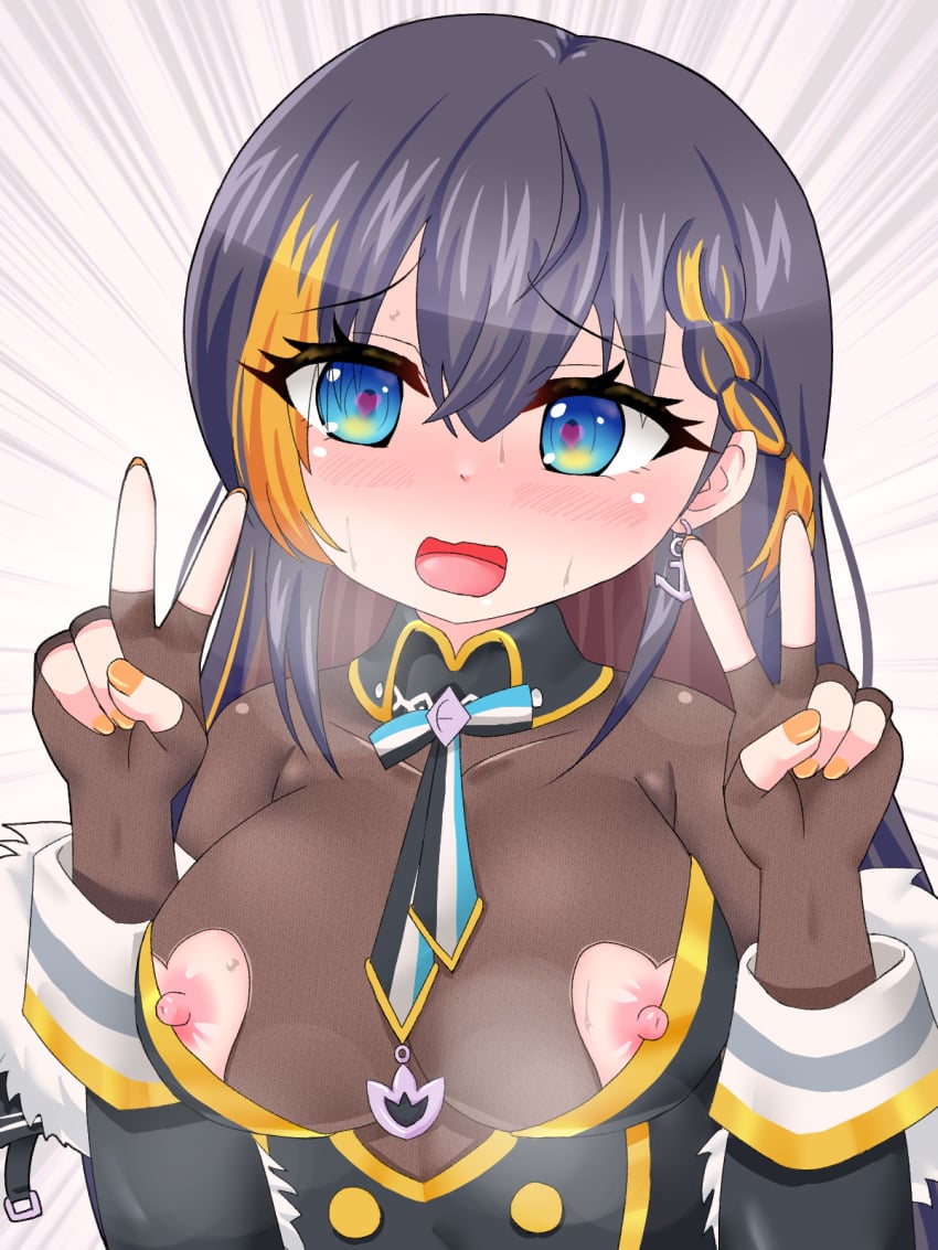 1girls big_breasts black_hair blue_eyes blush blush braid breasts coat_on_shoulders exposed_nipples fingerless_arm_sleeves nijisanji nijisanji_en nipples nipples_outside open_mouth peace_sign petra_gurin solo solo_female solo_focus tight_clothes tight_clothing tight_fit virtual_youtuber yellow_hair