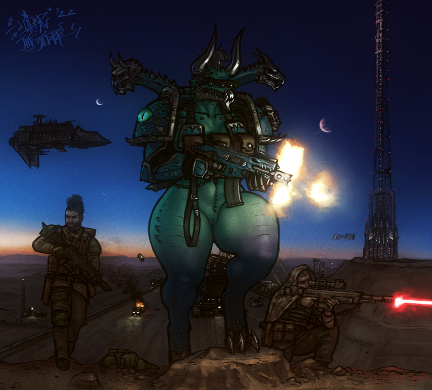 1girls 2022 3_toes 4_fingers alpha_legion armor blue_body bolter bottomless breasts camo casual_nudity chaos_(warhammer) chaos_cultist chaos_space_marine clothed clothing demon dragon dragon_humanoid feet female female_space_marine fingers genitals green_body group gun horn human lasgun male mammal multicolored_body outside power_armor pussy ranged_weapon reptile reptile_humanoid rule_63 signature sligarthetiger standing thick_thighs toes unconvincing_armor warhammer_(franchise) warhammer_40k weapon wide_hips