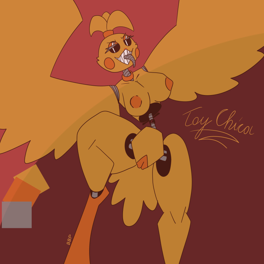 bird breasts feathers five_nights_at_freddy's five_nights_at_freddy's_2 metal_tongue robot robot_girl sharp_teeth thighs tongue tongue_out toy_chica_(fnaf) wings