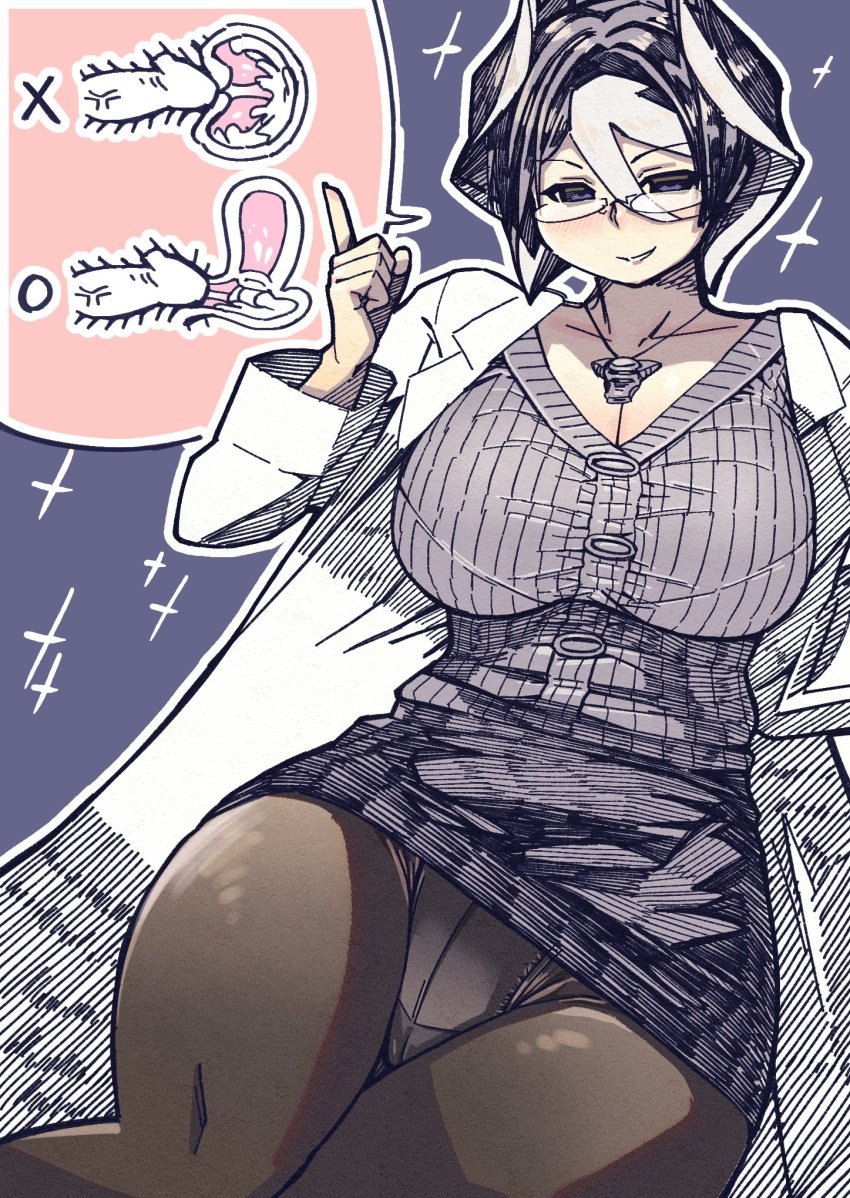 alternate_costume anatomy_reference big_breasts blush cameltoe cleavage female female_only fully_clothed glasses hair_between_eyes kingofbandit156 labcoat looking_at_viewer made_in_abyss mature mature_female necklace open_jacket ozen panties_under_pantyhose pantyhose pencil_skirt sex_education short_hair sitting smile solo sweater teacher thick_thighs two_tone_hair whistle_around_neck wide_hips