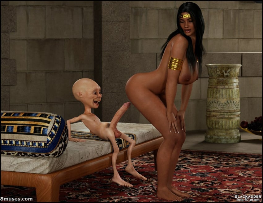 1boy1girl 3d artist_name bald_man bed bent_over big_ass big_breasts big_butt big_head big_penis black_hair blackadder blackadder3d classic_alien colored completely_nude_male dark-skinned_female dark_skin detailed_background golden_bracelet happy_face interspecies long_hair long_penis looking_back nude_female on_bed pale-skinned_male pale_skin pillar realistic selena_(blackadder) smaller_male standing taller_female thick_lips thin_male uncensored