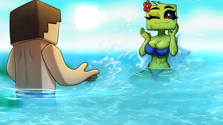 beach bikini bikini_bottom bikini_top color colored creeper creeper_(minecraft) edit flower_in_hair green_skin horny_craft hornycraftgame huge_eyes male minecraft photoshop shadikbitardik splashing splashing_water standing_in_water steve_(minecraft) tagme wholesome