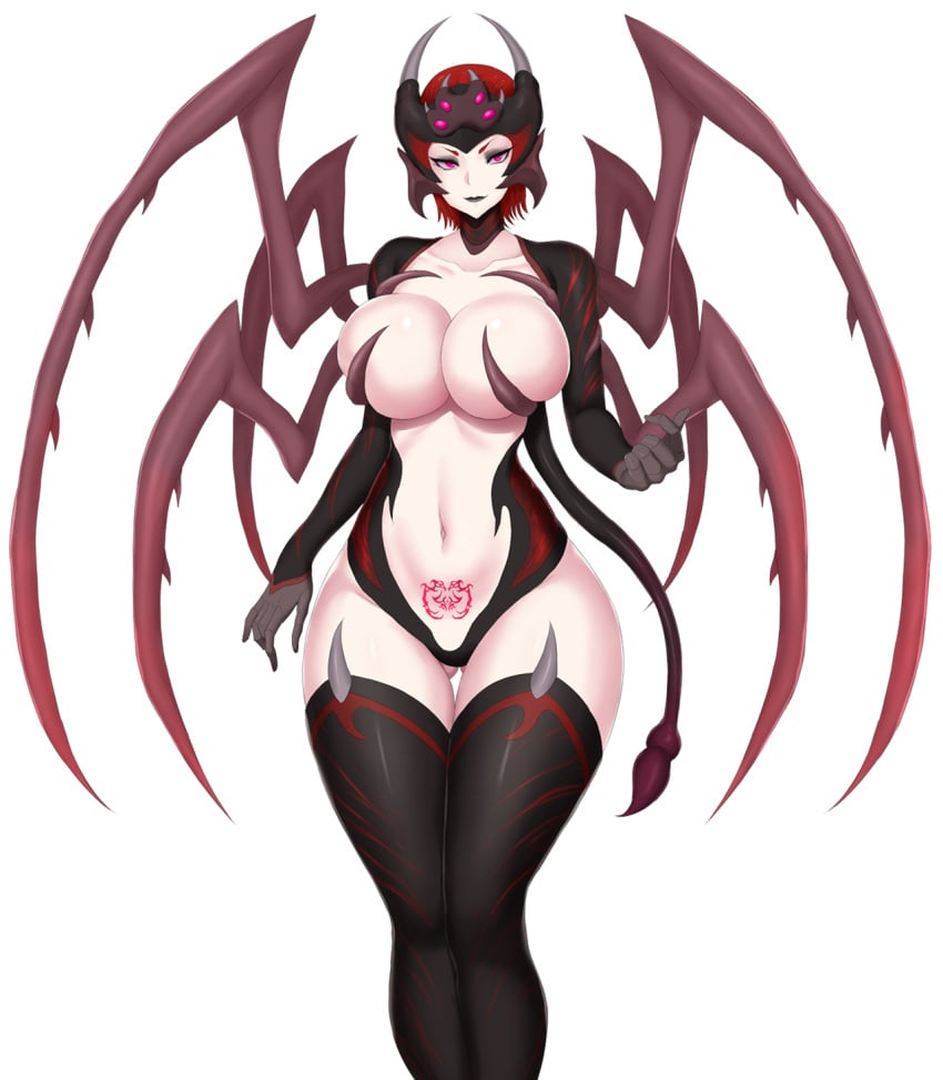 almost_naked almost_nude belly_button big_breasts black_armor black_lipstick breasts covered_nipples covered_pussy demon demon_girl demon_horns demon_tail demon_wings game_cg inviting inviting_to_fuck inviting_to_sex kainkout milf official_art pink_eyes pubic_tattoo red_hair seducing seduction seductive seductive_eyes seductive_look seductive_mouth seductive_pose seductive_smile short_hair smiling spider spider_girl spider_humanoid spider_legs spider_succubus_(succubus_covenant) spikes succubus succubus_covenant succubus_horns succubus_tail succubus_tattoo succubus_wings tail thigh_socks voluptuous voluptuous_female white_skin wings