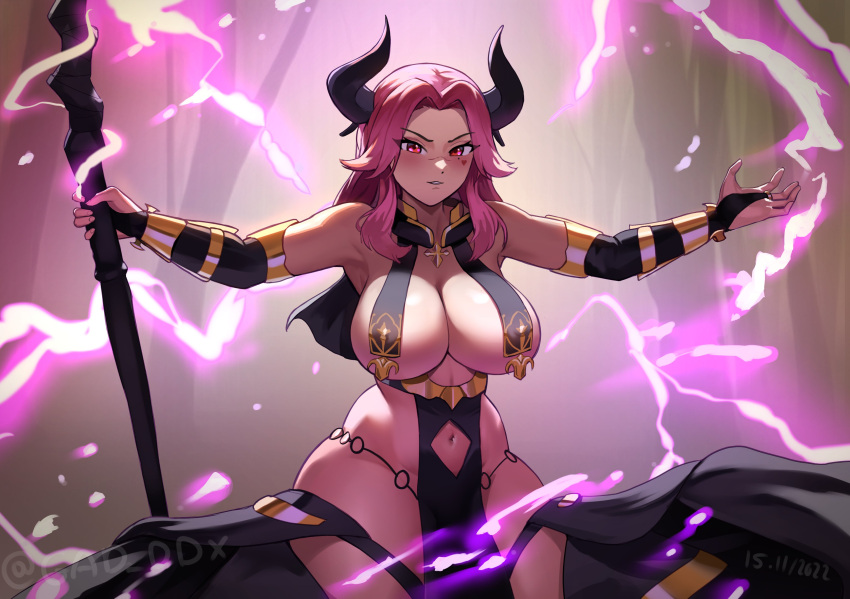 1girls absurd_res armwear big_breasts blush female female_only gad_ddx gauntlets heart_tattoo hip_squish horns loincloth long_hair looking_at_viewer nipple_bulge open_arms pink_hair red_eyes skimpy skimpy_clothes solo staff tattoo tattoo_under_eye thick_thighs wide_hips