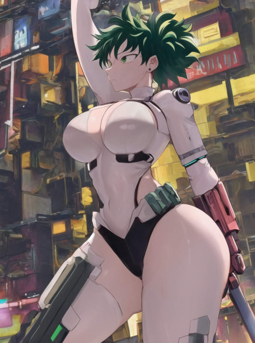 ai_generated big_breasts boob_window cyberpunk female_deku green_eyes green_hair izuku_midoriya merukuma my_hero_academia rule_63 stable_diffusion tight_clothing