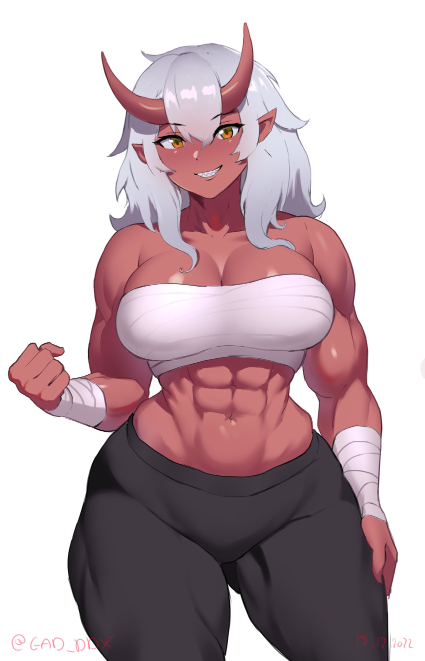 1girls abs bandage bandaged_arm bandaged_chest bandages big_breasts chest_wraps commission female female_only gad_ddx horns looking_at_viewer muscles muscular muscular_female muscular_thighs oni oni_horns orange_eyes pants pointy_ears red-skinned_female red_skin sharp_teeth smiling smiling_at_viewer solo teeth_showing three-quarter_portrait very_high_resolution wide_hips