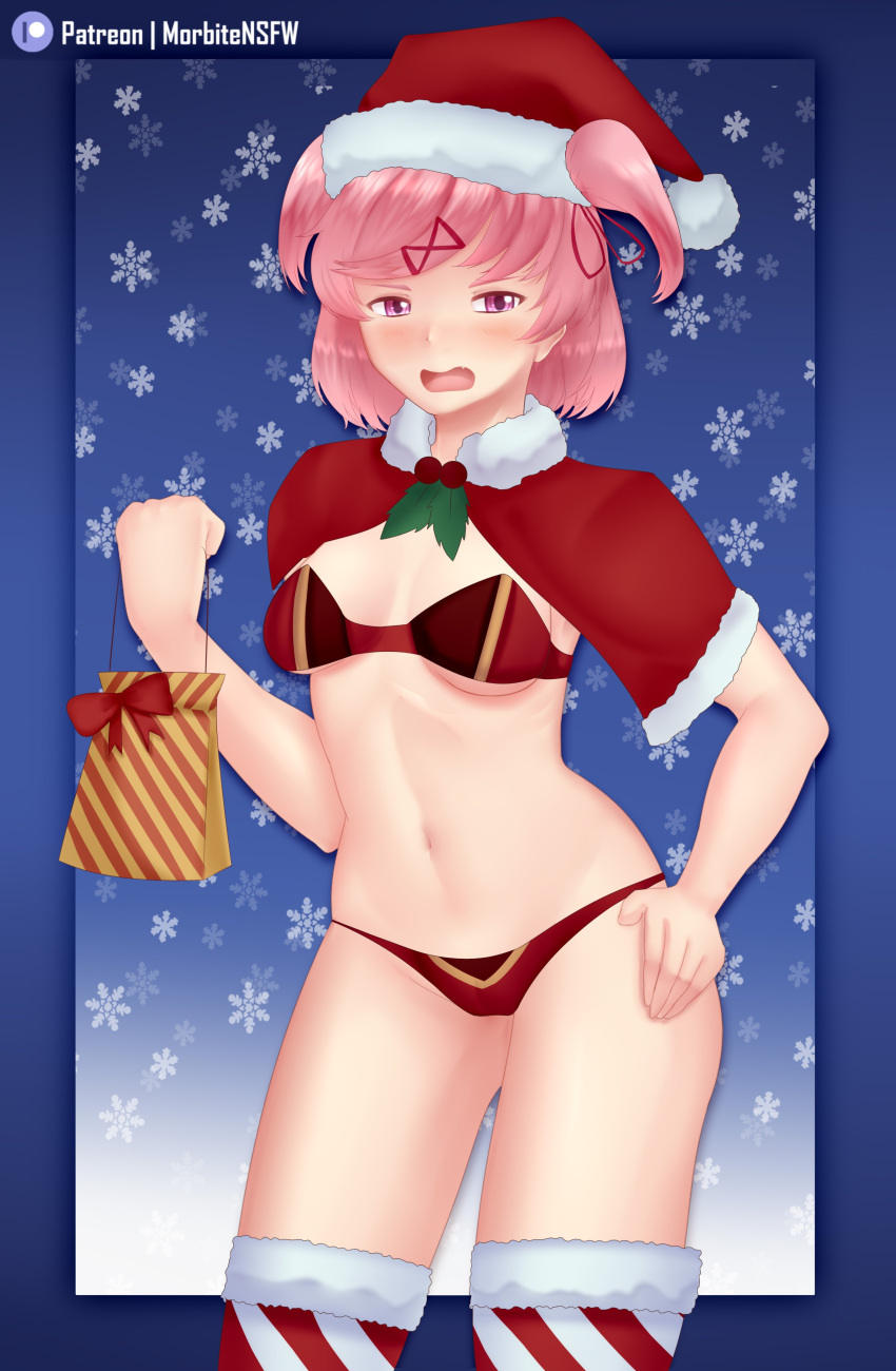 1girls artist_name blush bow bra christmas doki_doki_literature_club fang female_only gift hand_on_hip hat headwear holding_object holding_present legwear looking_at_viewer mistletoe morbite natsuki_(doki_doki_literature_club) open_mouth panties pink_eyes pink_hair present red_bow red_bra red_panties santa_hat snow snowing solo solo_female standing striped_legwear striped_thighhighs thighhighs