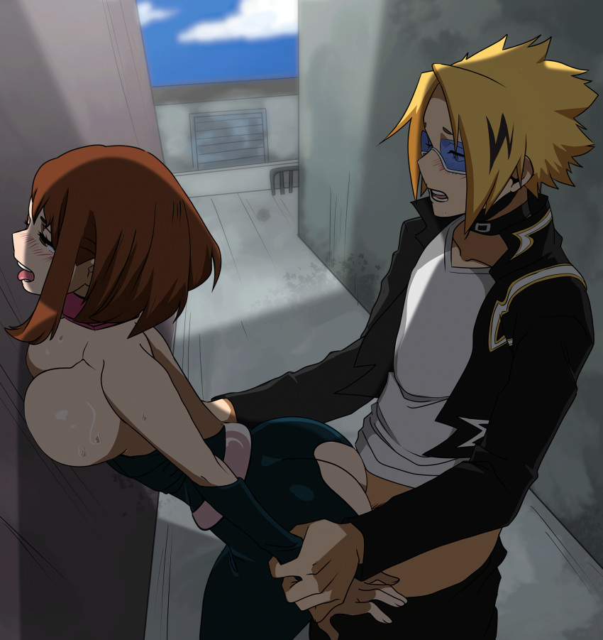 1boy 1girls against_wall ahe_gao ambiguous_penetration animated arm_pull aroused ass big_ass big_breasts blonde_hair bodysuit breast_press breasts breasts_on_wall breasts_out brown_eyes brown_hair climax clothed_sex cum cum_inside denki_kaminari empty_eyes female female_human fucked_silly gif hero_outfit_(mha) human human_male implied_cum_inside large_breasts light-skinned_female looking_pleasured my_hero_academia nightlykrumbs ochako_uraraka plump_ass prison_guard_position sex sex_from_behind slim_waist standing_sex straight superhero_costume superheroine teenage_girl teenager torn_bodysuit torn_clothes vaginal_penetration variant