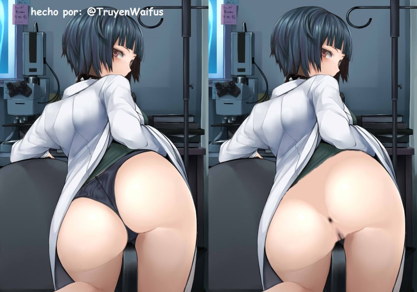 1girls anus ass asshole bent_over big_ass come_hither emo invitation inviting legs looking_at_viewer looking_back medium_breasts nemu_(nebusokugimi) no_panties persona persona_5 pussy seductive seductive_look sensual sideboob tae_takemi thighs thong tomboy