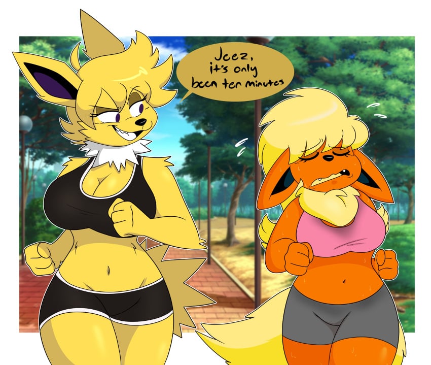 2girls anthro big_breasts breasts eeveelution female flareon furry jolteon kabula pokémon_(species) pokemon pokemon_(species) thick_thighs wide_hips