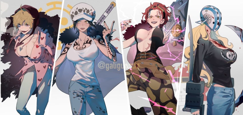 4girls big_breasts black_hair blonde_hair blood canon_genderswap cape chest_tattoo chullo cigarette cleavage clown_makeup coif color cybernetic_arm cybernetics cyborg donquixote_rosinante eustass_kid facepaint female female_only fully_clothed galiguomin genderswap_(mtf) goggles goggles_on_head hat headwear helmet jeans killer_(one_piece) lipstick long_hair makeup mask masked masked_female medium_breasts one_piece red_hair red_lipstick rule_63 scars shiku_shiku_no_mi short_hair shounen_jump smile smoking tank_top tattoo tattoos trafalgar_law trafalgar_law_(female) underboob weapon