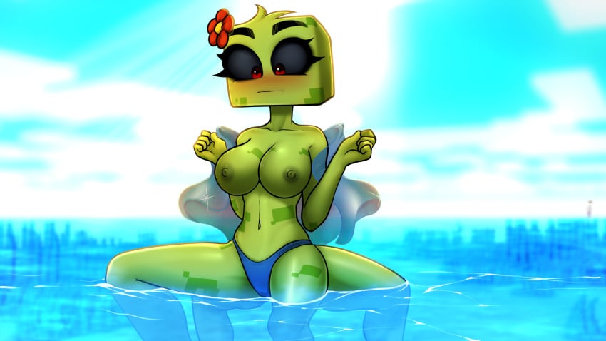 4_legs beach blush breasts color colored creeper creeper_(minecraft) edit embarrassed exposed_breasts flower_on_head green_body green_hair green_nipples green_skin horny_craft hornycraftgame huge_eyes minecraft ocean photoshop red_eyes shadikbitardik standing_in_water swimwear water