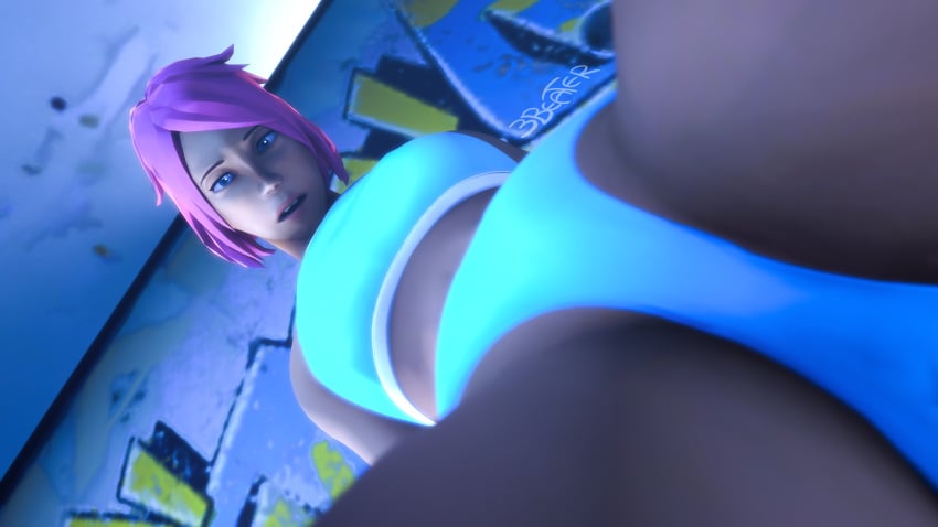 3beater blue_bra female female_only femscout femscout_(alt_design) looking_down low-angle_view open_mouth panties_aside pink_hair scout sfm solo solo_female source_filmmaker tan_body tan_skin team_fortress_2 underwear