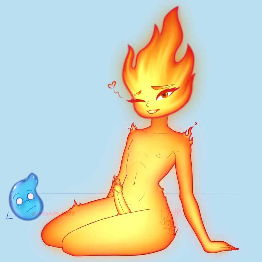 1boy elemental elemental_(pixar) elemental_humanoid elementals_(film) ember_lumen erection femboy fire fire_hair flat_chest gay genitals humanoid_penis male male/male male_only nipples nude penis pixar pose rule_63 self_upload sitting smile teeth thick_thighs wade_ripple water wavy_mouth wide_hips wolffaloba yaoi