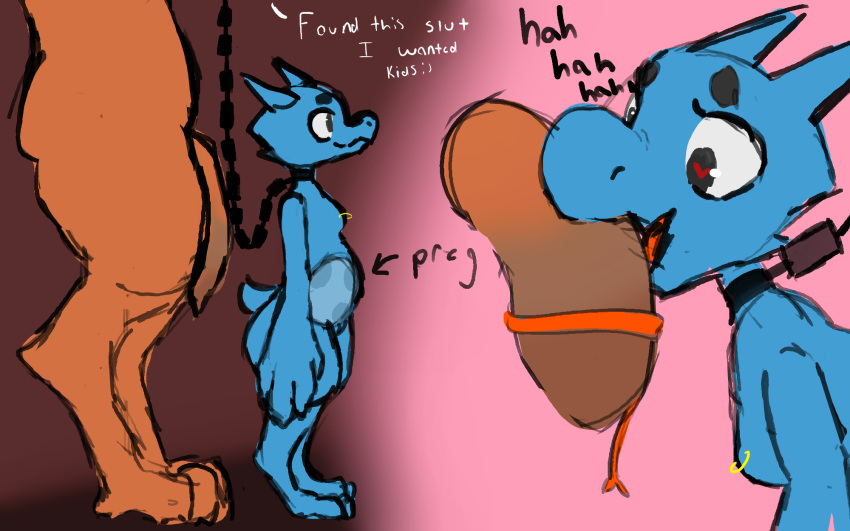 <3_eyes anthro big_penis breath chain_leash chains duo female genitals heart hi_res kobold leash male male/female markings mouth_on_penis neppyboi no_name panting penis pregnant pregnant_female ring_(marking)