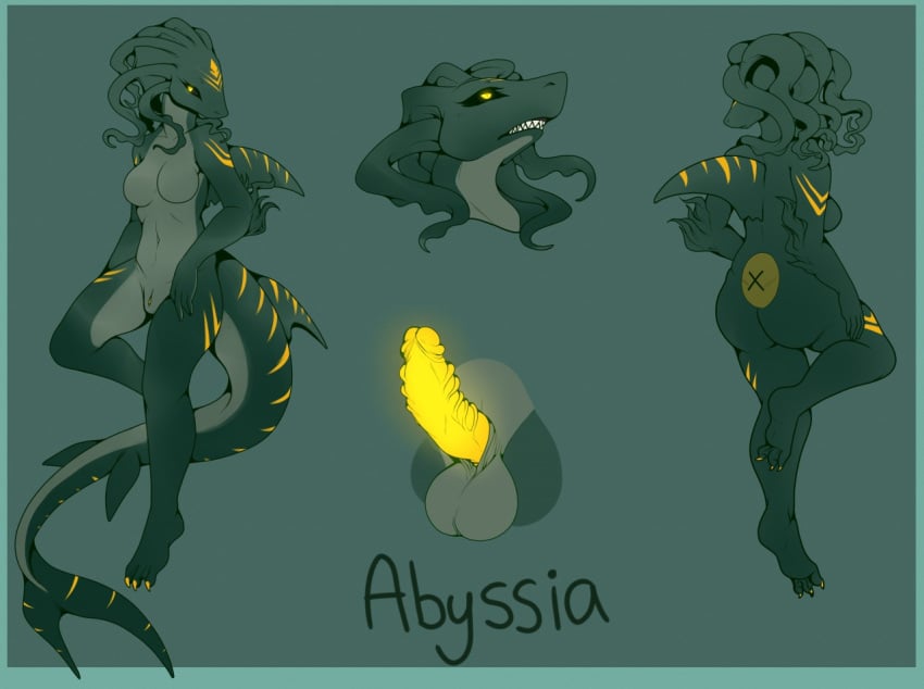 abyssia_(wescube) anthro aquatic balls big_breasts big_penis bioluminescence bioluminescent_penis bioluminiscent breasts erection fins futa_only futanari glowing glowing_penis green_body marine model_sheet monster monster_girl napalm_(artist) penis reference_sheet rem sea_monster shark tail teeth tentacle wescube yellow_penis