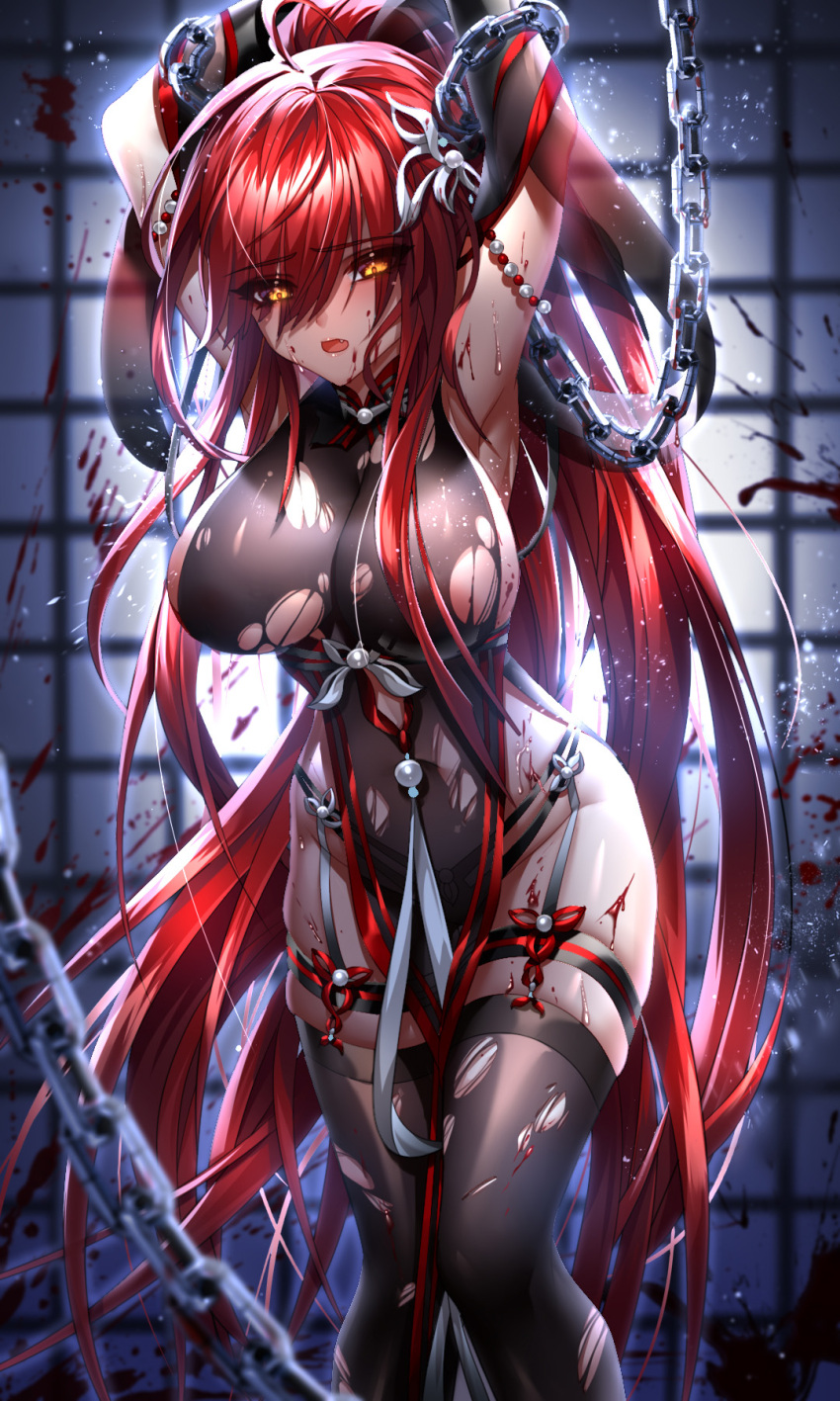 1girls absurd_res armpits arms_up been black_panties blood blood_splatter bondage breasts chained chains curvaceous curvy elesis_(elsword) elsword female garter_straps gloves hi_res hourglass_figure indoors open_mouth panties restrained solo standing thighhighs thighs torn_clothes