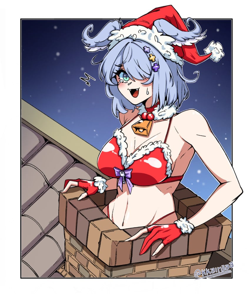 1girls bare_midriff bare_shoulders bell_collar belly_button big_breasts bikini blue_hair chimney christmas christmas_bikini christmas_hat christmas_outfit cleavage collar cowbell elira_pendora exposed_shoulders fangs female fingerless_gloves gloves hair_covering_eye hair_over_one_eye hair_wings head_wings kaira looking_at_viewer medium_breasts midriff navel nijisanji nijisanji_en one_eye_covered one_eye_obstructed open_mouth santa_hat solo solo_female solo_focus stuck_in_chimney sweatdrop tear virtual_youtuber